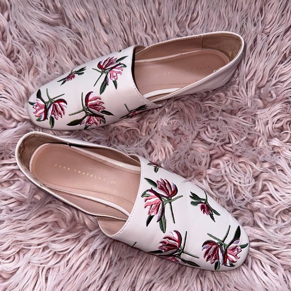 ZARA Embroidered Floral Faux Vegan Leather Pink Flat Loafers Shoes - US 8 - Picture 7 of 10